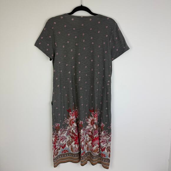J. Jill Womens Caraway Sheath Short Sleeve Floral Pockets Grey/Red Dress Medium - Picture 2 of 9